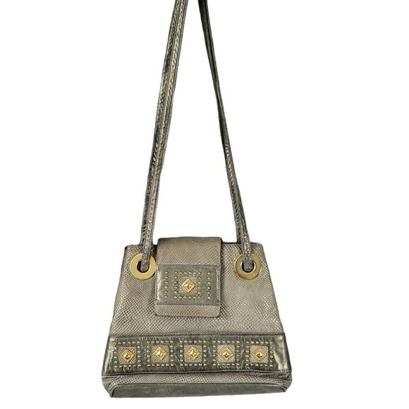 Bags by Pinky Vintage Metallic Silver Leather Shoulder Gold Studs Grommets USA - Picture 4 of 16